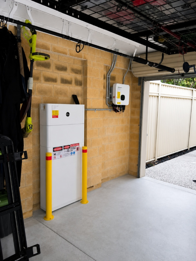 Home battery installed against an exterior brick wall showing correct clearance from windows and doorways