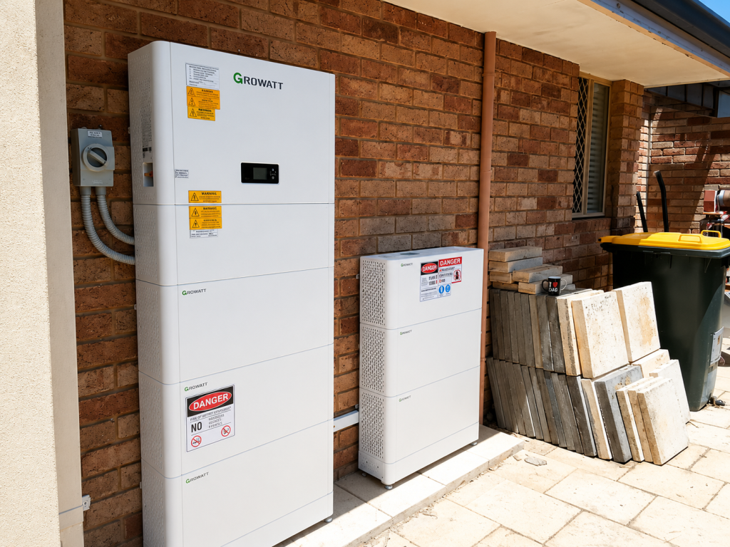 Growatt home battery system installed against a brick wall meeting AS/NZS 5139 clearance requirements
