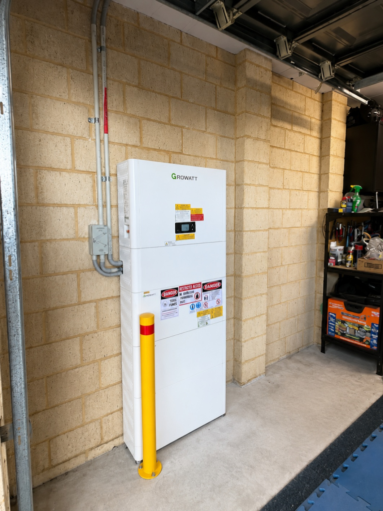White Growatt home battery installed neatly in a tidy Perth garage