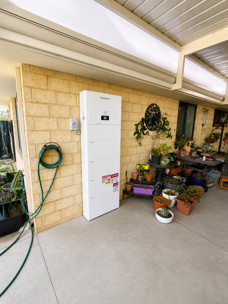 White Growatt home battery unit installed outdoors on a shaded patio surrounded by plants