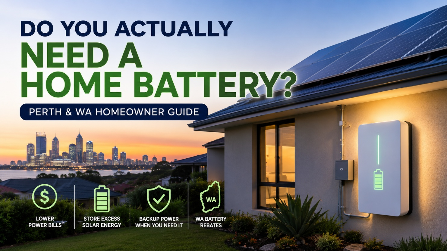 Home battery storage unit installed on an exterior wall of a Perth house, paired with a rooftop solar system