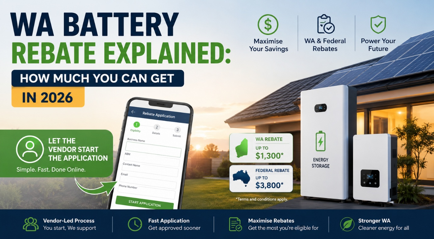 Home battery storage unit installed on an exterior wall of a Perth house, paired with a rooftop solar system
